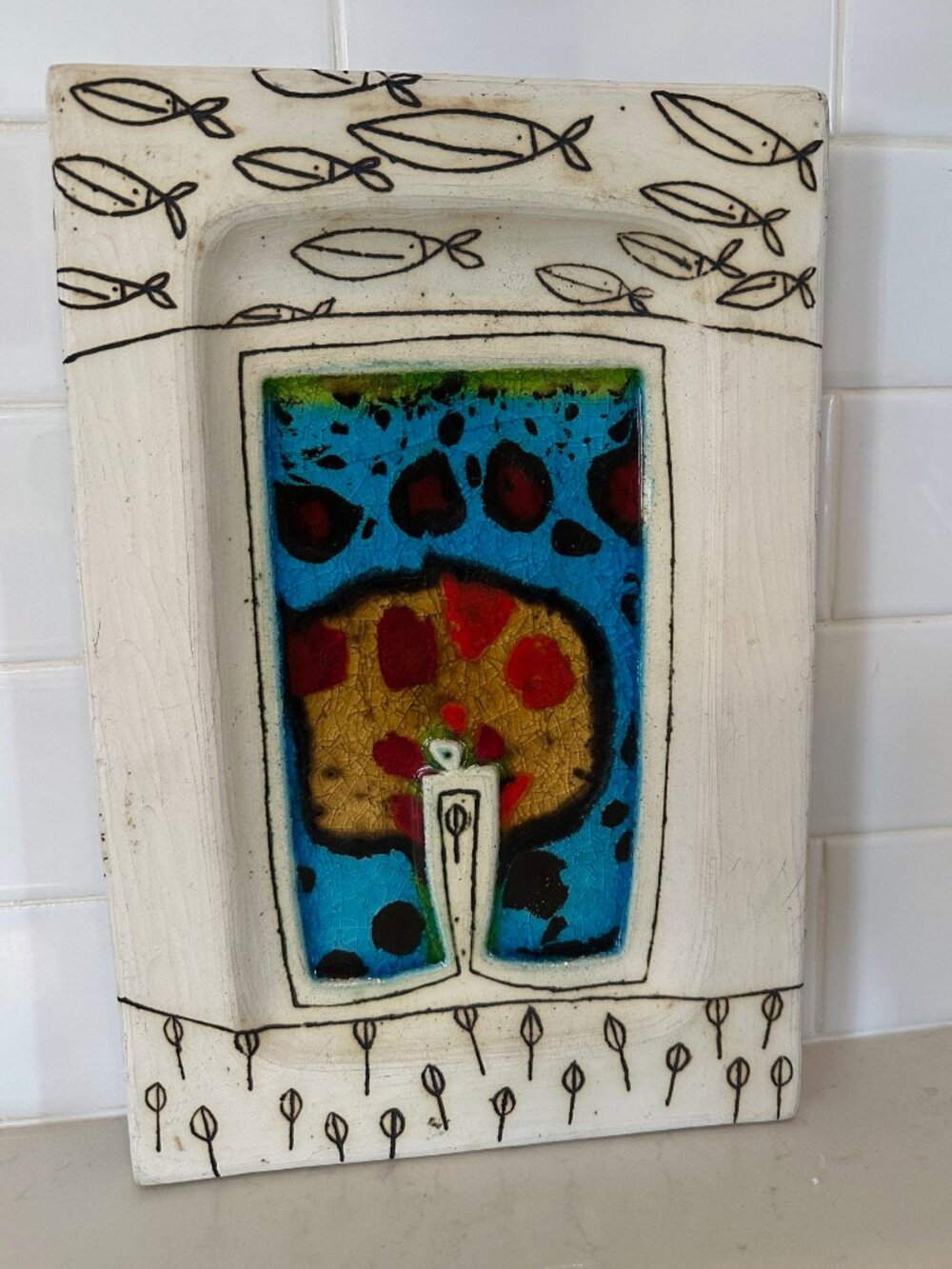 One of a Kind Earthenware Ceramic Tray w Fused Glass - Handmade by Nina Bernardi